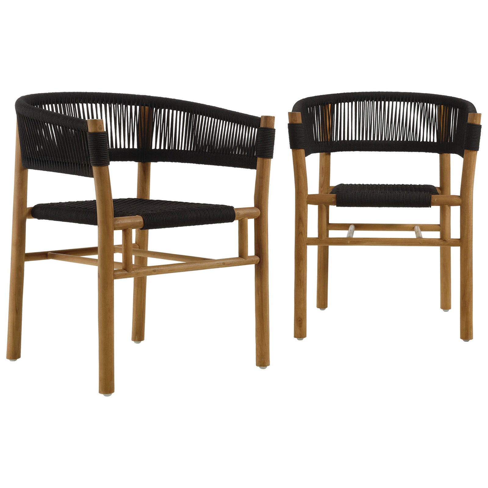 Pair of black rope curved-back dining armchairs with solid teak frames for modern outdoor seating || EEI-6811-NAT-BLK || front_angle_multi_studio