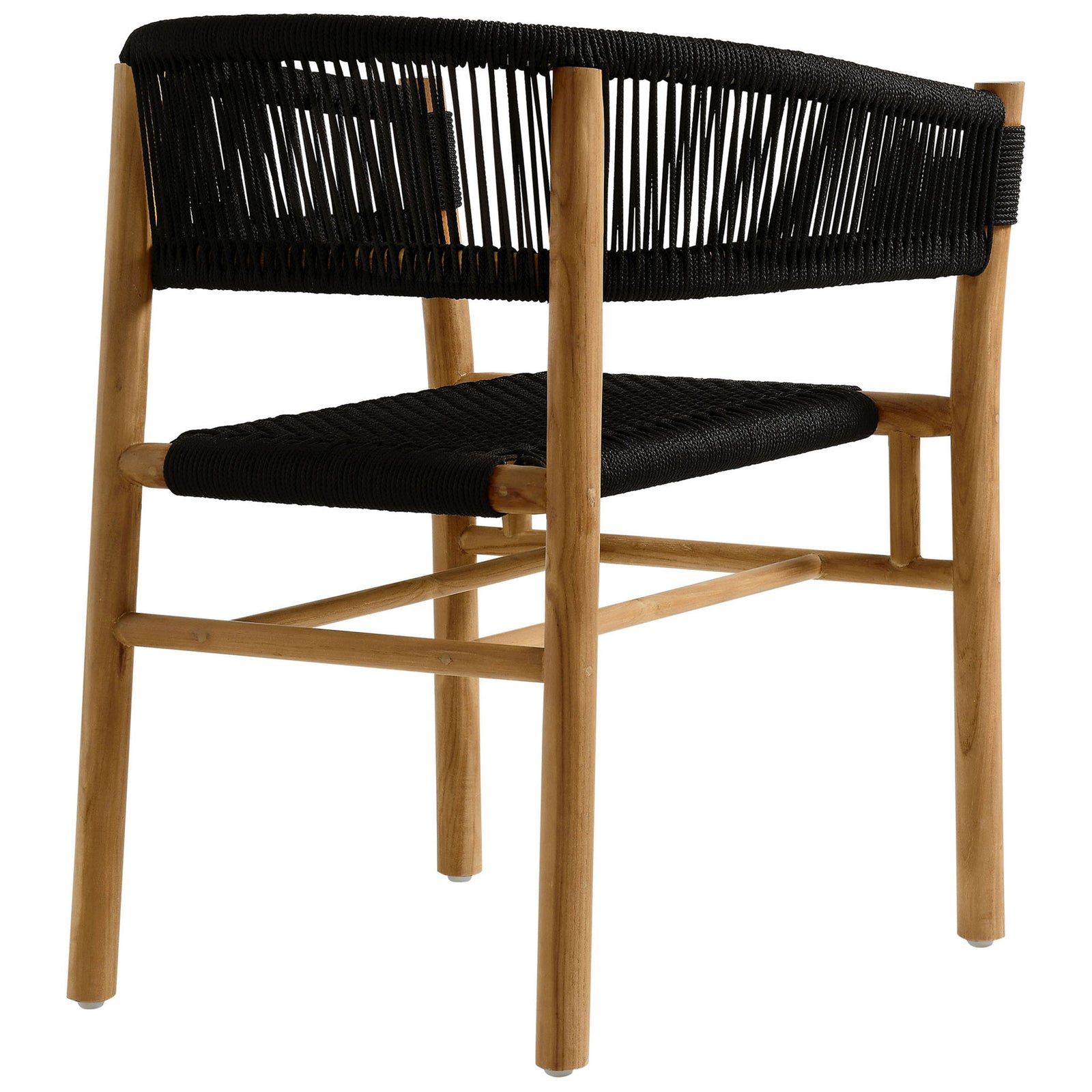 Curved backrest of the black rope armchair showing airy woven pattern and sturdy teak frame || EEI-6811-NAT-BLK || back_angle_studio