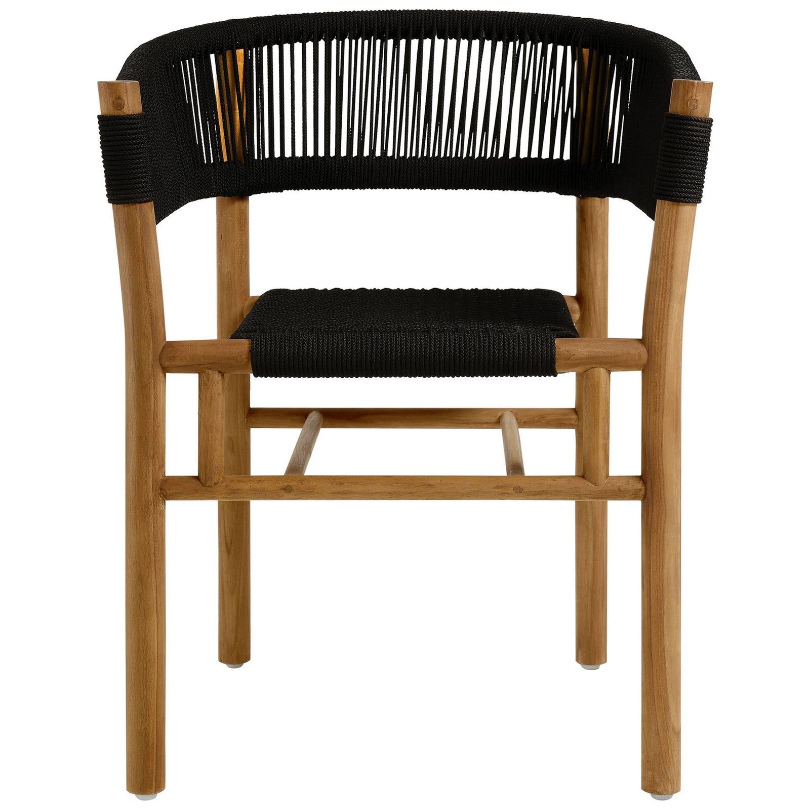 Black rope patio armchair with linear woven back and cross-braced teak base for stability || EEI-6811-NAT-BLK || front_studio