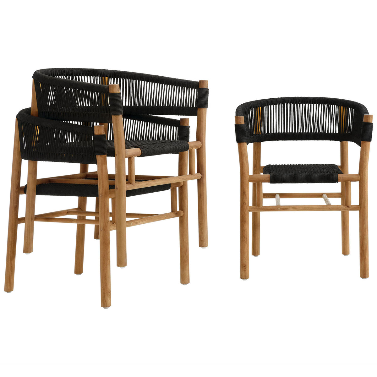 Two black rope teak dining armchairs stacked together to showcase their convenient space-saving design || EEI-6811-NAT-BLK || front_angle_multi_studio