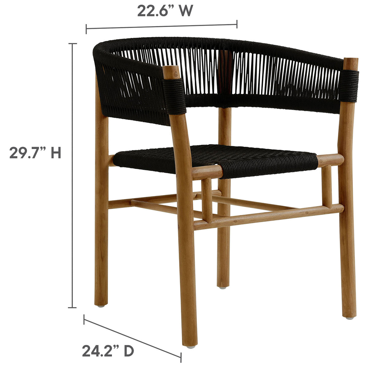Dimension illustration showing height, width, and depth of the Vienna black rope dining armchair || EEI-6811-NAT-BLK || dimension_studio