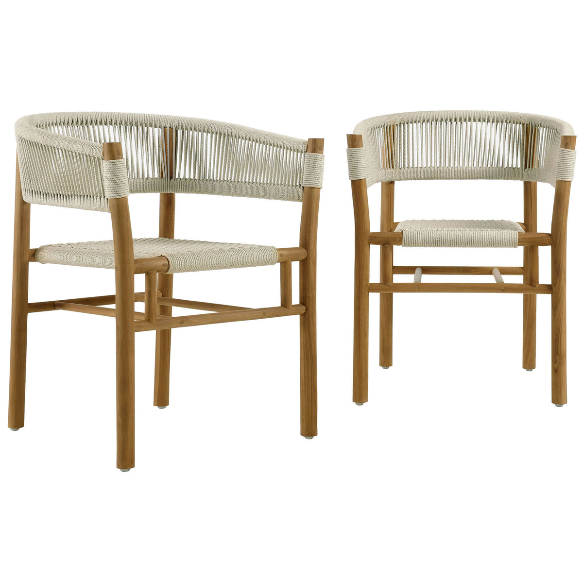 Set of two natural rope curved-back dining armchairs with solid teak frames for outdoor seating || EEI-6811-NAT-NAT || front_angle_multi_studio
