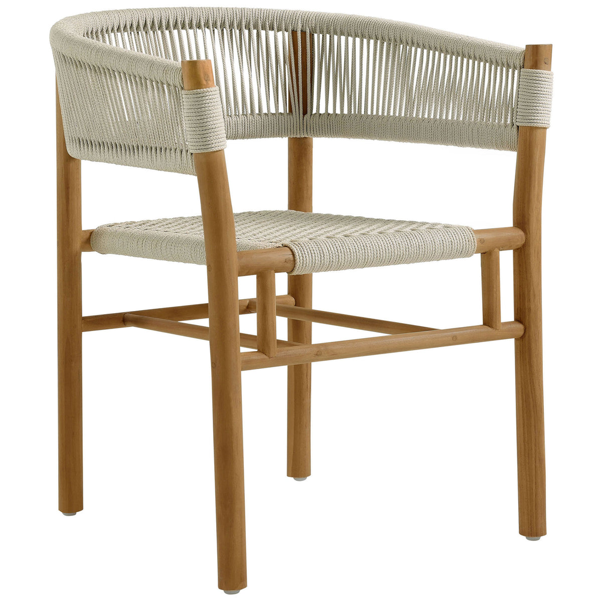 Curved natural rope patio dining armchair with teak wood frame and open airy seat weave || EEI-6811-NAT-NAT || front_angle_studio