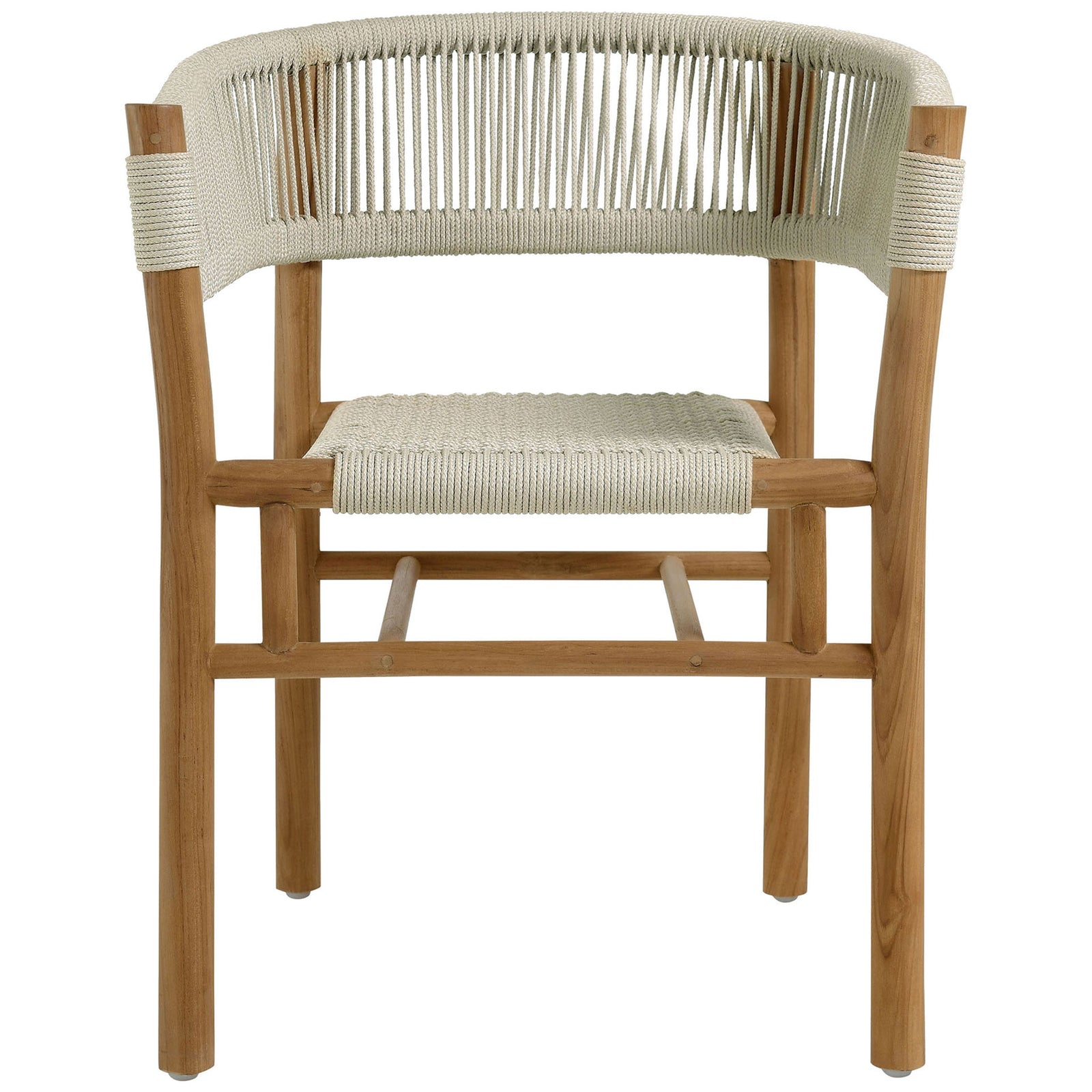 Natural rope patio armchair with linear woven back and cross-braced teak base for stability || EEI-6811-NAT-NAT || front_studio