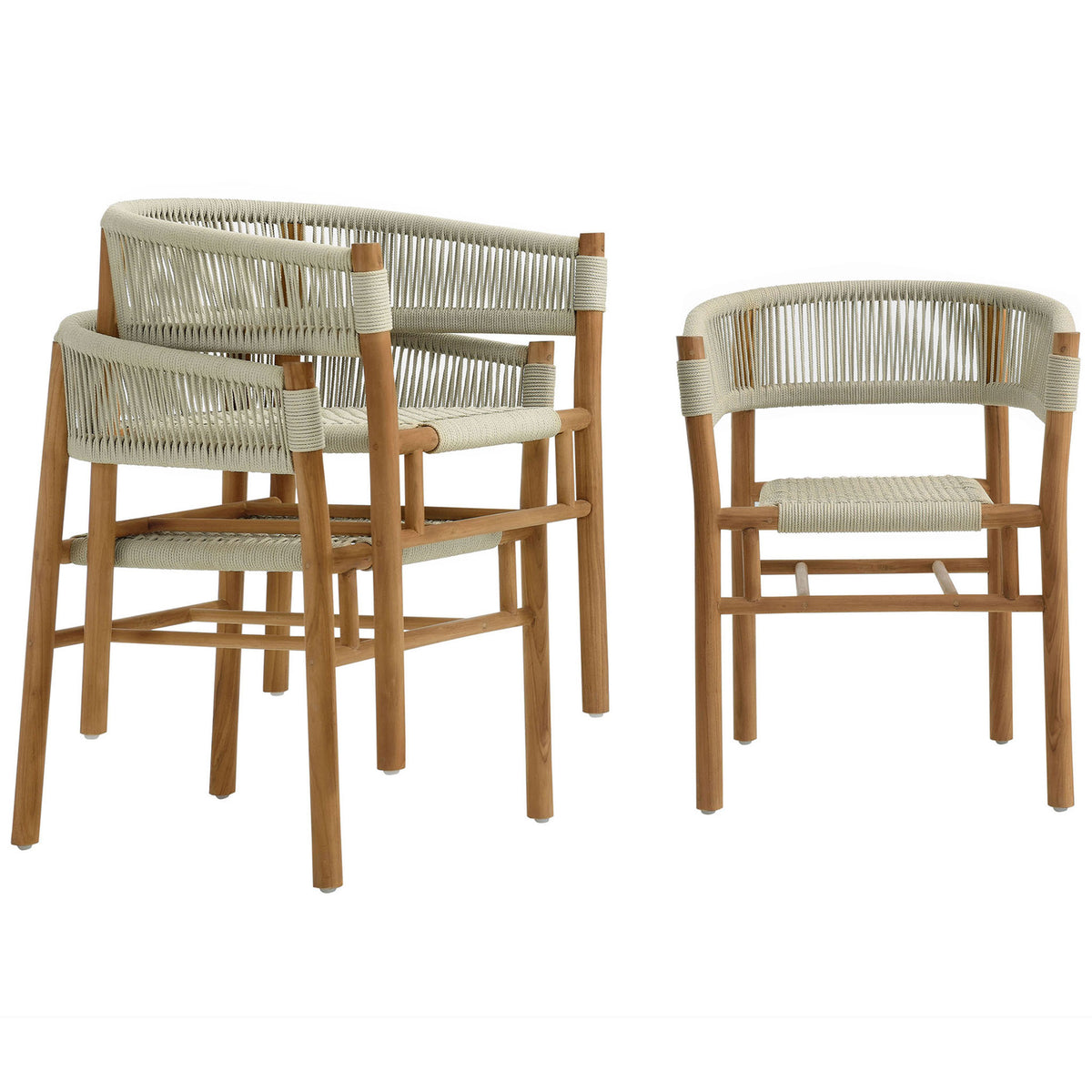Two natural rope teak dining armchairs stacked together to highlight their space-saving stackable design || EEI-6811-NAT-NAT || front_angle_multi_studio