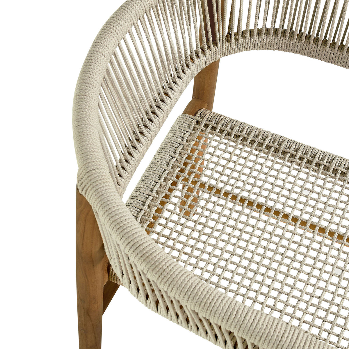 Open-weave natural rope seat and smooth teak frame emphasizing breathable comfort and texture || EEI-6811-NAT-NAT || swatch_studio
