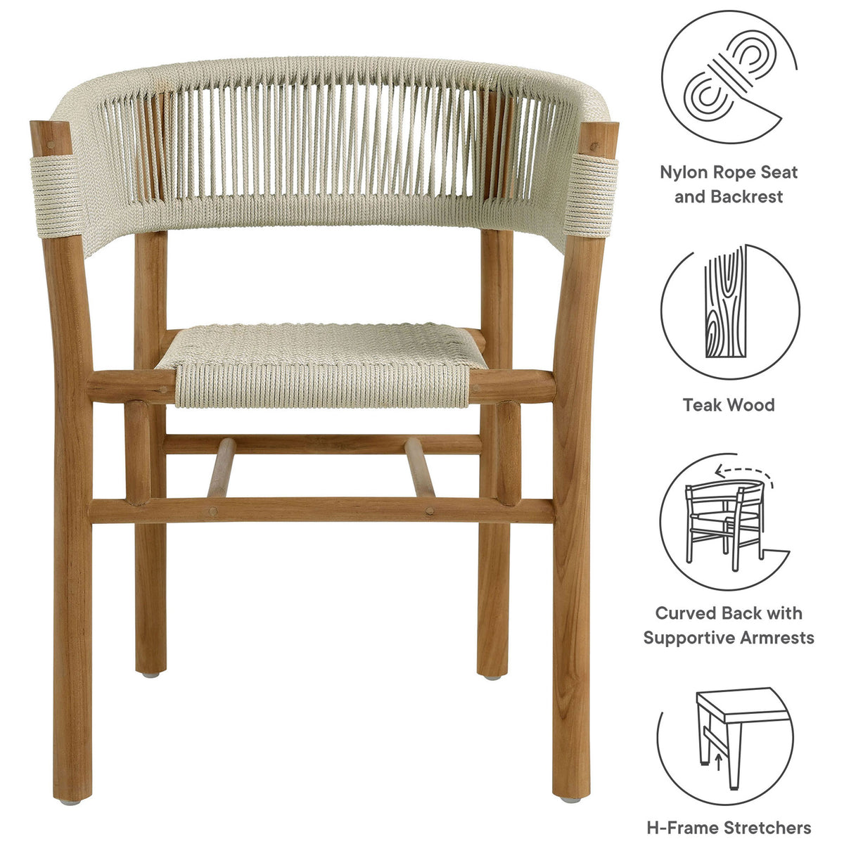 Feature graphic calling out nylon rope seat and backrest, teak wood frame, curved arms, and H-frame stretchers || EEI-6811-NAT-NAT || callout_studio