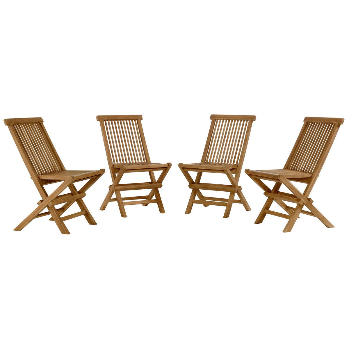 Set of four natural teak folding dining chairs arranged to display their sleek slatted silhouettes || EEI-6812-NAT || front_angle_multi_studio