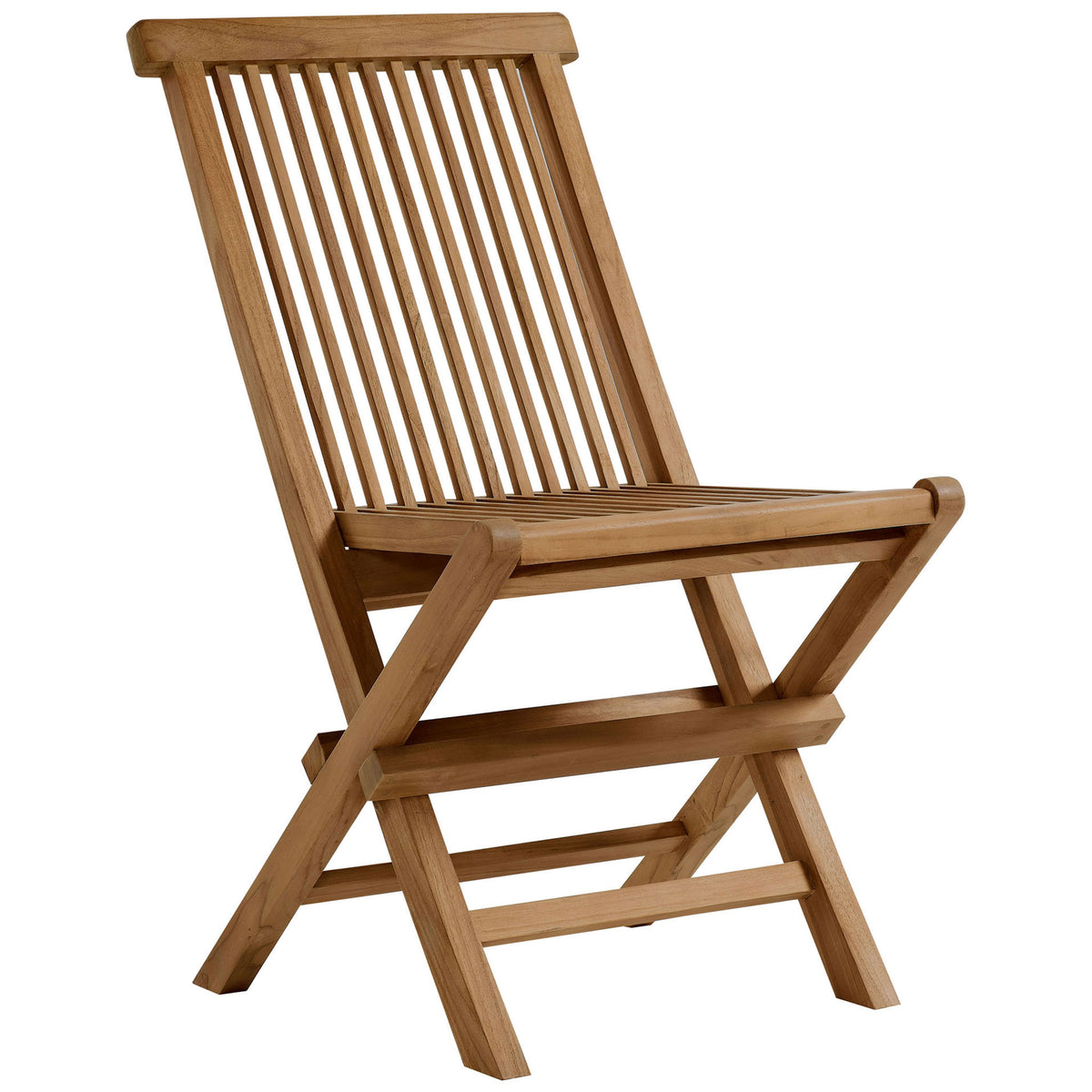 Angled view of natural teak folding dining chair with armless design and sturdy cross braces || EEI-6812-NAT || front_angle_studio