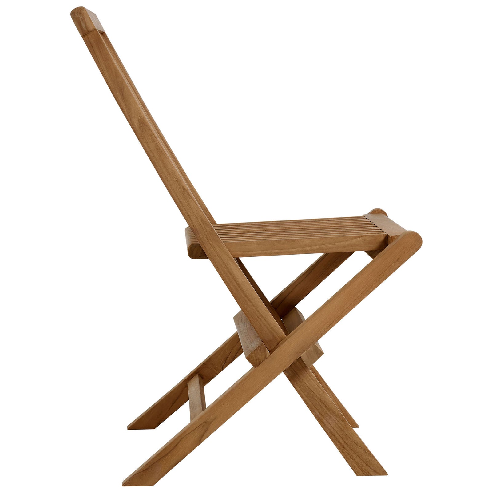 Side profile of natural teak folding chair showcasing reclined backrest and H-frame stretcher || EEI-6812-NAT || side_studio