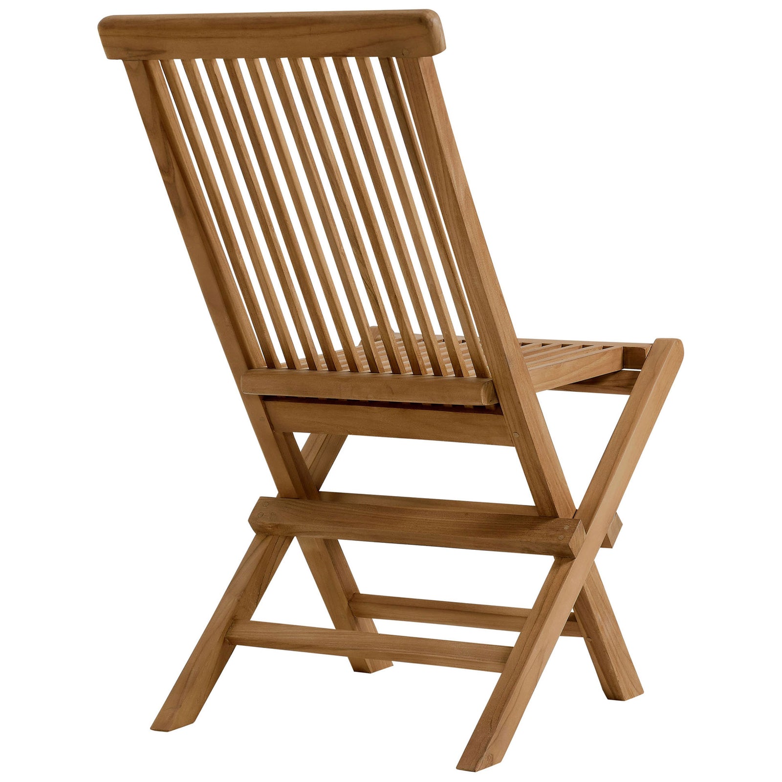 Back view of natural teak folding chair emphasizing tall slatted back and warm wood grain || EEI-6812-NAT || back_angle_studio