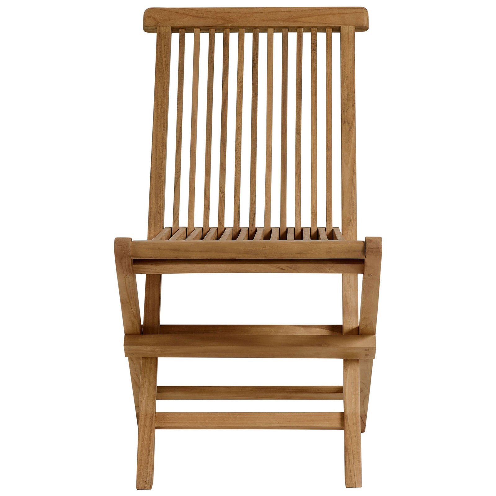 Natural teak folding patio chair with vertical slat back and matching slatted seat || EEI-6812-NAT || front_studio
