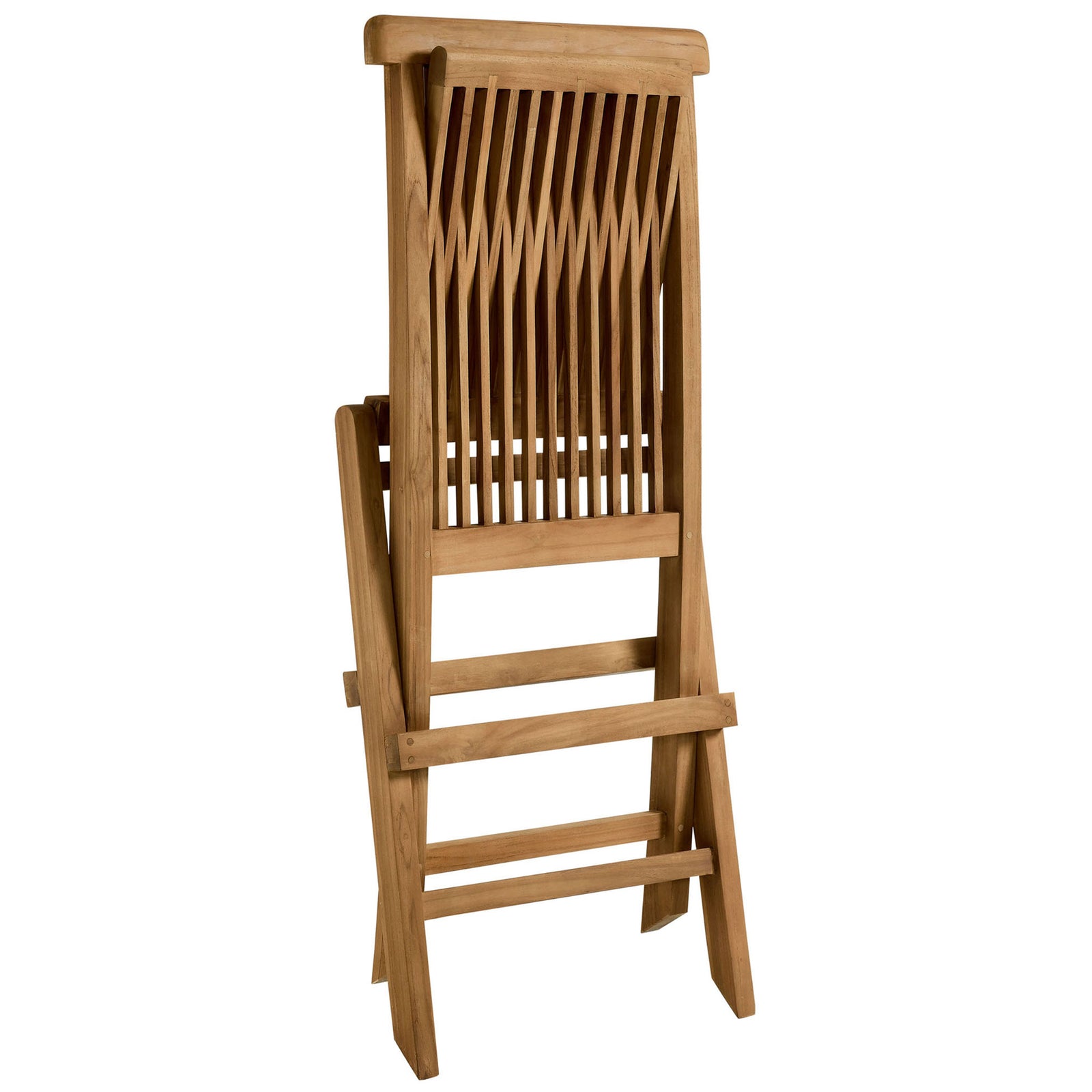 Natural teak dining chair shown folded flat to highlight its compact, space-saving design || EEI-6812-NAT || front_angle_converted_studio