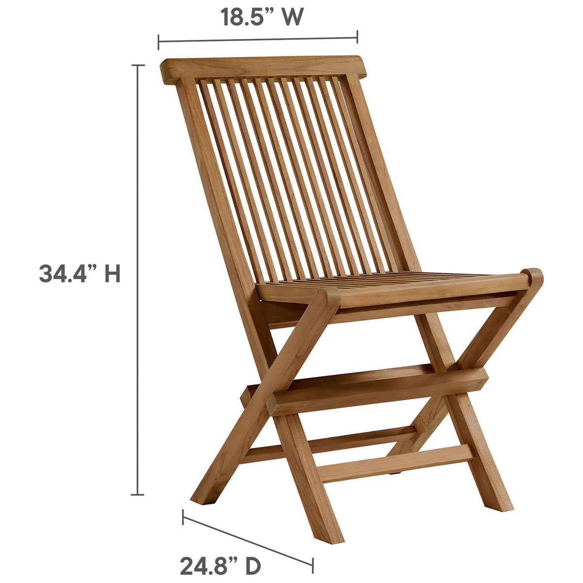 Teak folding dining chair with labeled width, depth, and height dimensions for easy planning || EEI-6812-NAT || dimension_studio