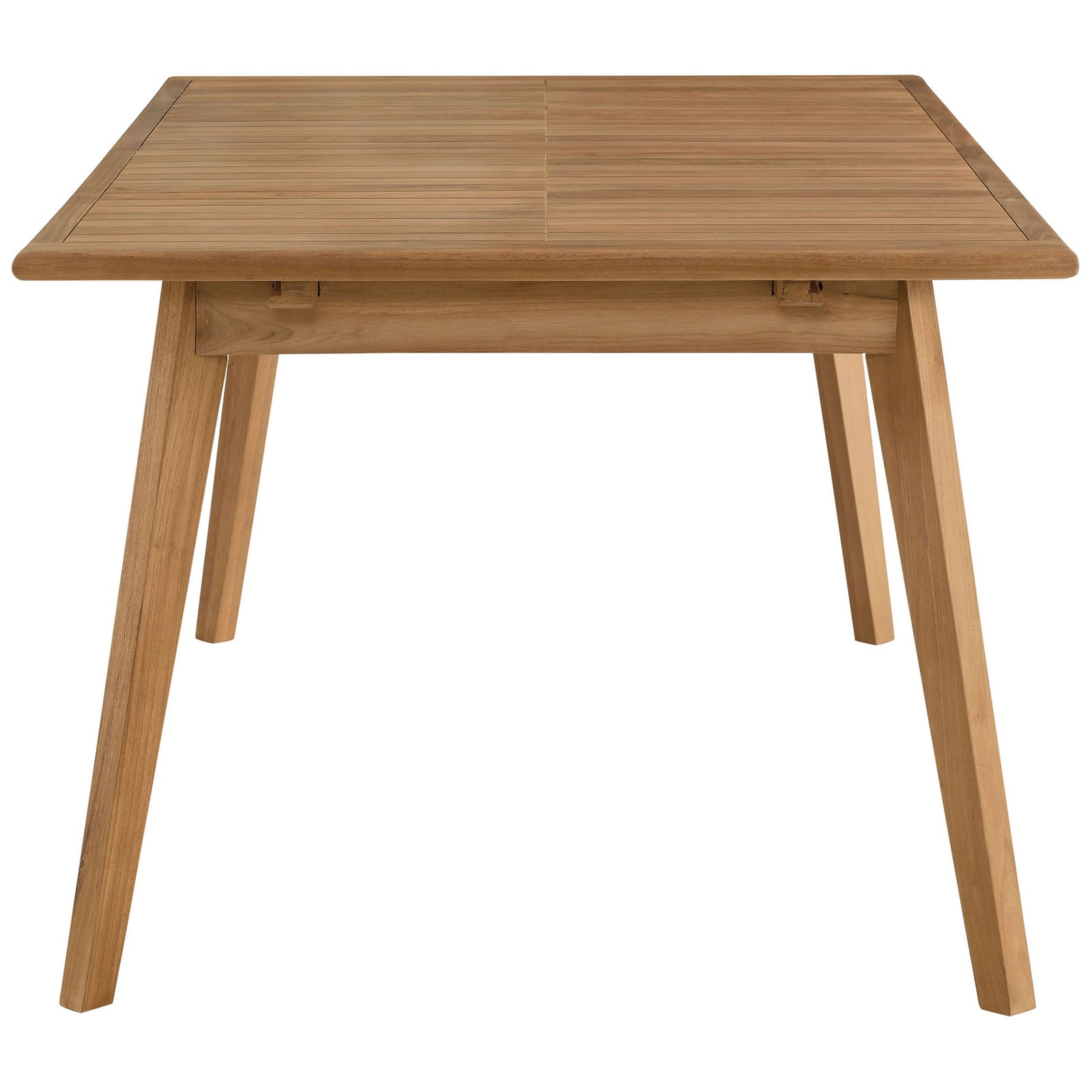 Rectangular natural teak extendable patio dining table with slatted top and tapered legs for outdoor meals. || EEI-6813-NAT || side_studio