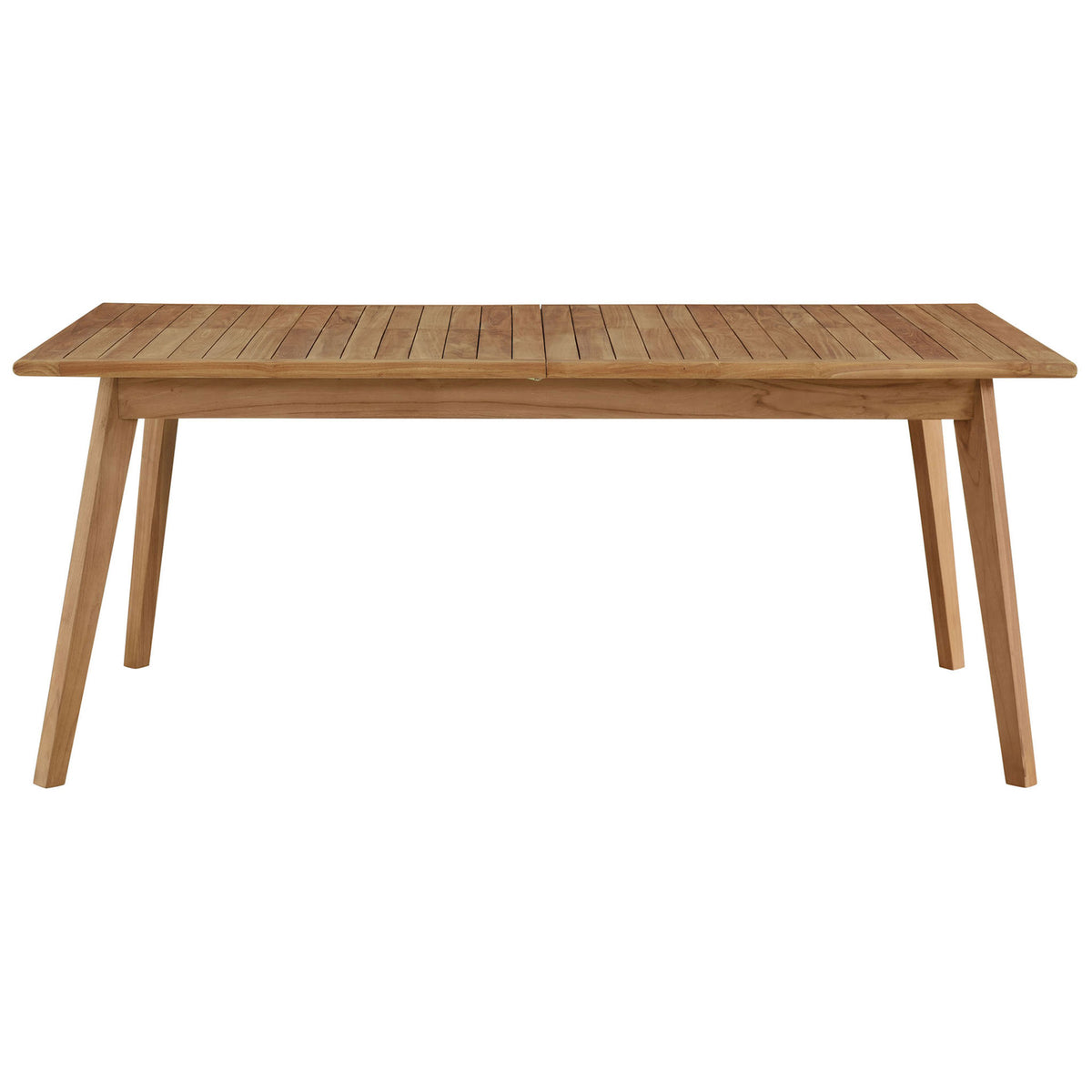 Wide slatted teak tabletop in a natural finish highlighting the clean linear pattern of this extendable patio table. || EEI-6813-NAT || front_studio