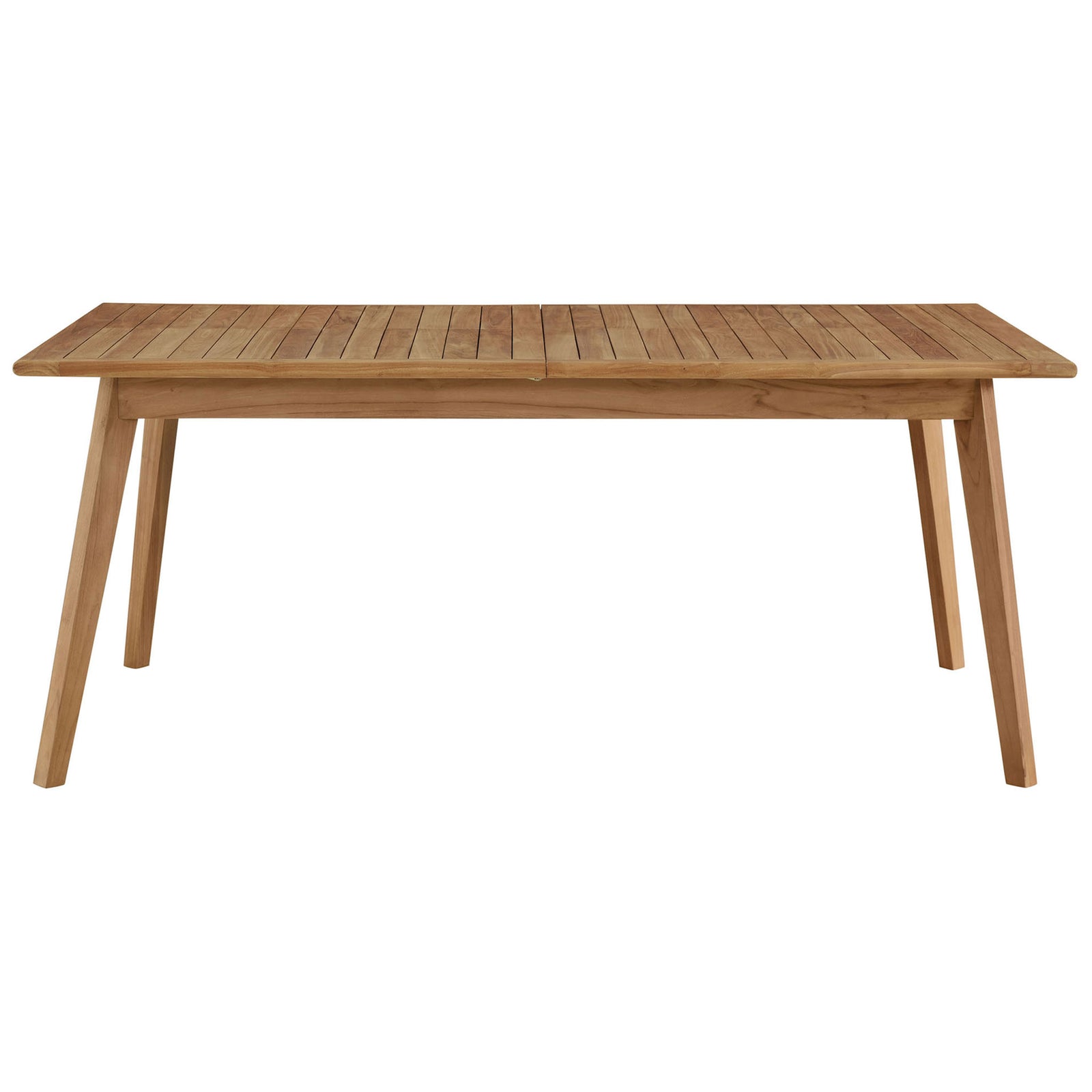 Wide slatted teak tabletop in a natural finish highlighting the clean linear pattern of this extendable patio table. || EEI-6813-NAT || front_studio