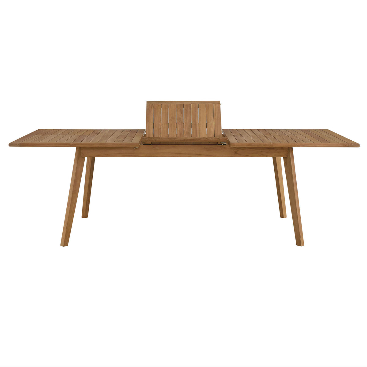 Natural teak patio dining table showing butterfly extension leaf raised between two slatted tabletop sections. || EEI-6813-NAT || front_converted_studio