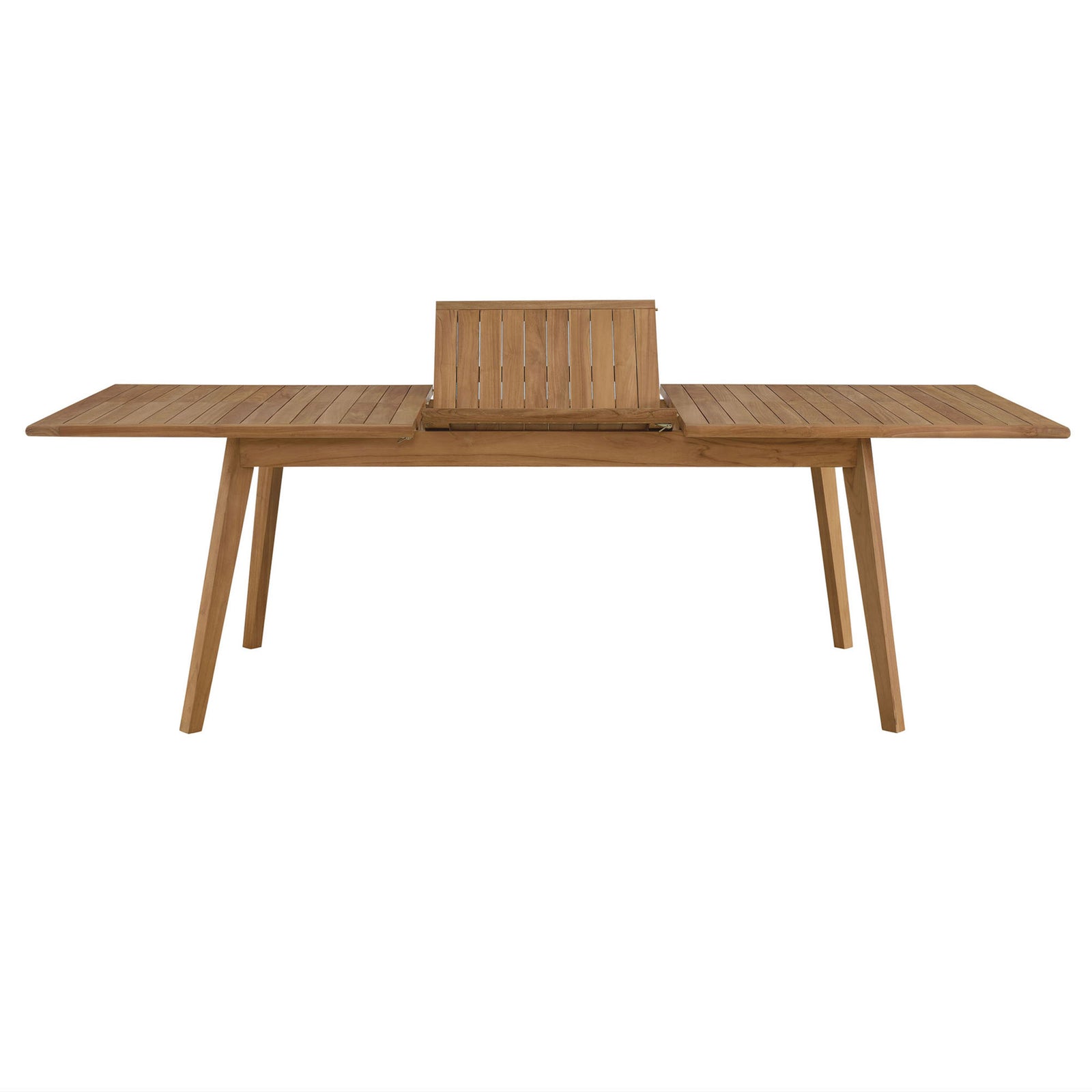 Natural teak patio dining table showing butterfly extension leaf raised between two slatted tabletop sections. || EEI-6813-NAT || front_converted_studio