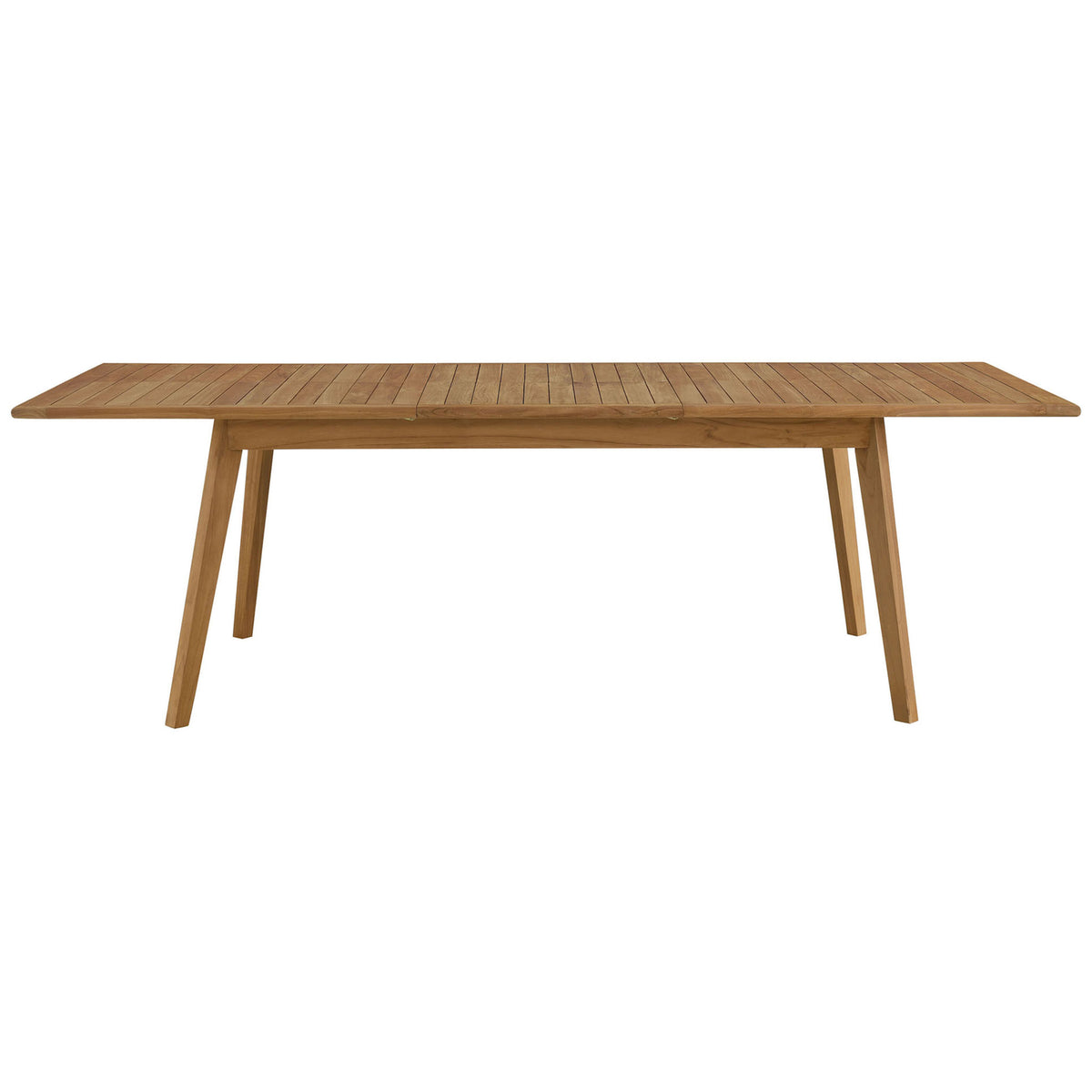 Natural teak extendable patio dining table fully lengthened with seamless slatted top and angled tapered legs. || EEI-6813-NAT || front_converted_studio