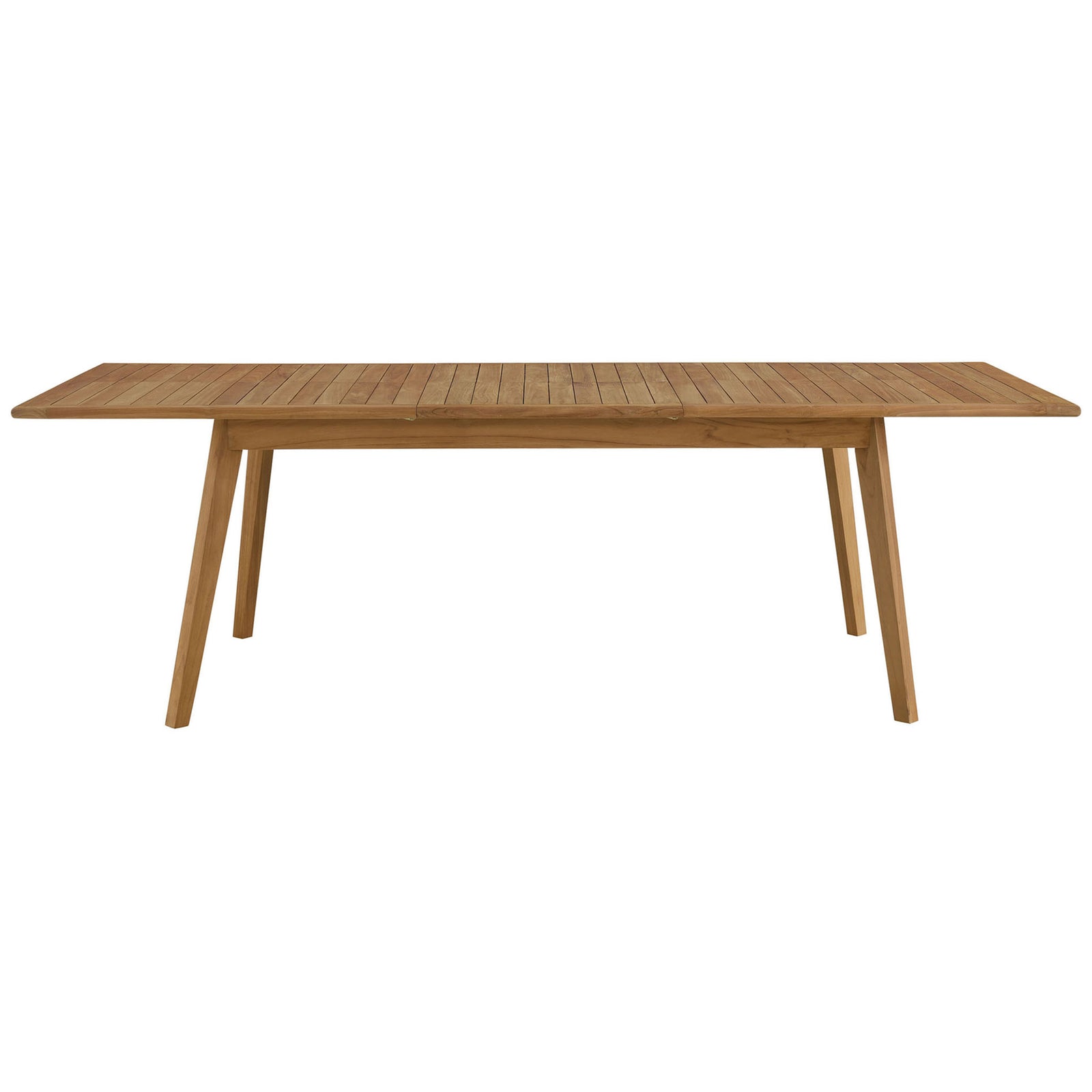 Natural teak extendable patio dining table fully lengthened with seamless slatted top and angled tapered legs. || EEI-6813-NAT || front_converted_studio