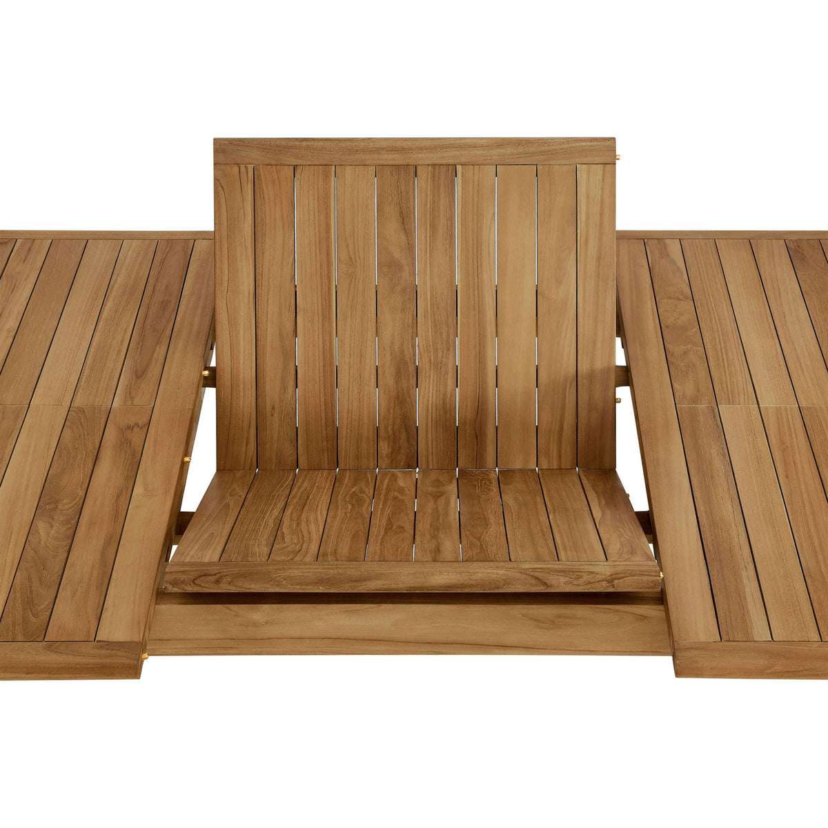 Butterfly extension panel crafted from slatted natural teak wood for smoothly expanding the dining table length. || EEI-6813-NAT || detail_studio