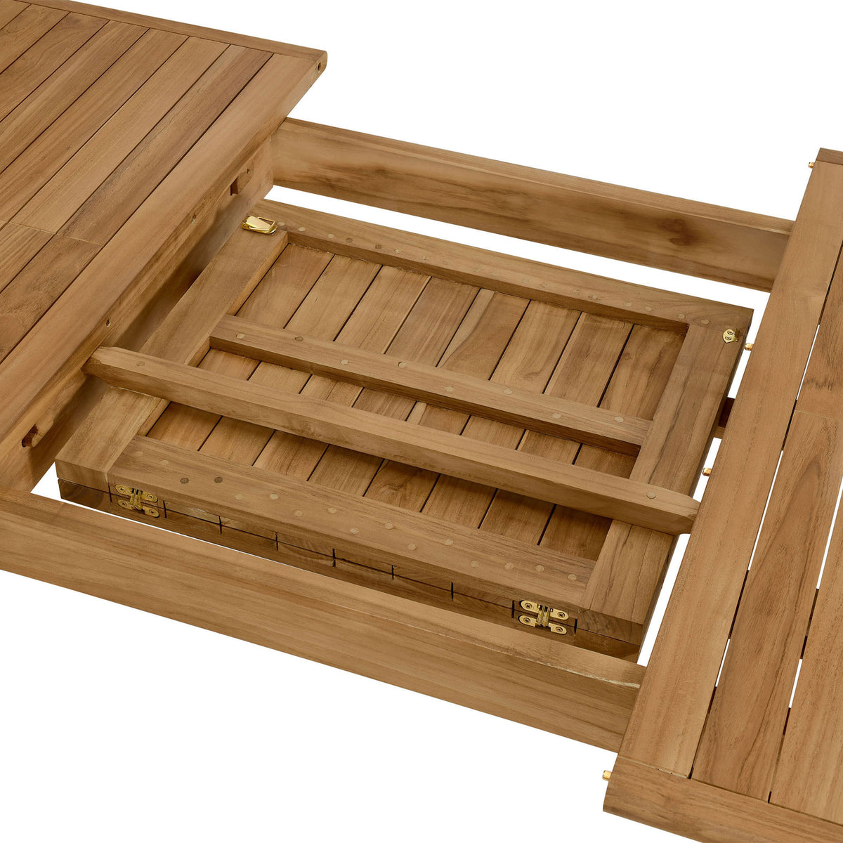 Underframe of the teak dining table featuring sturdy support rails and hinges for the hidden extension leaf. || EEI-6813-NAT || detail_studio