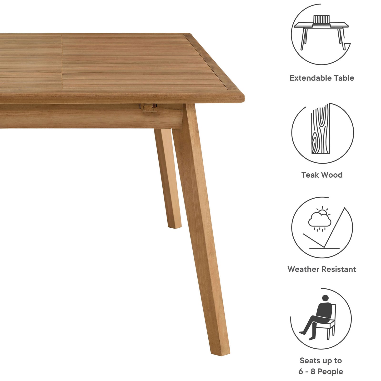 Natural teak outdoor dining table with slatted top, weather resistant finish, and icons highlighting key features. || EEI-6813-NAT || callout_studio