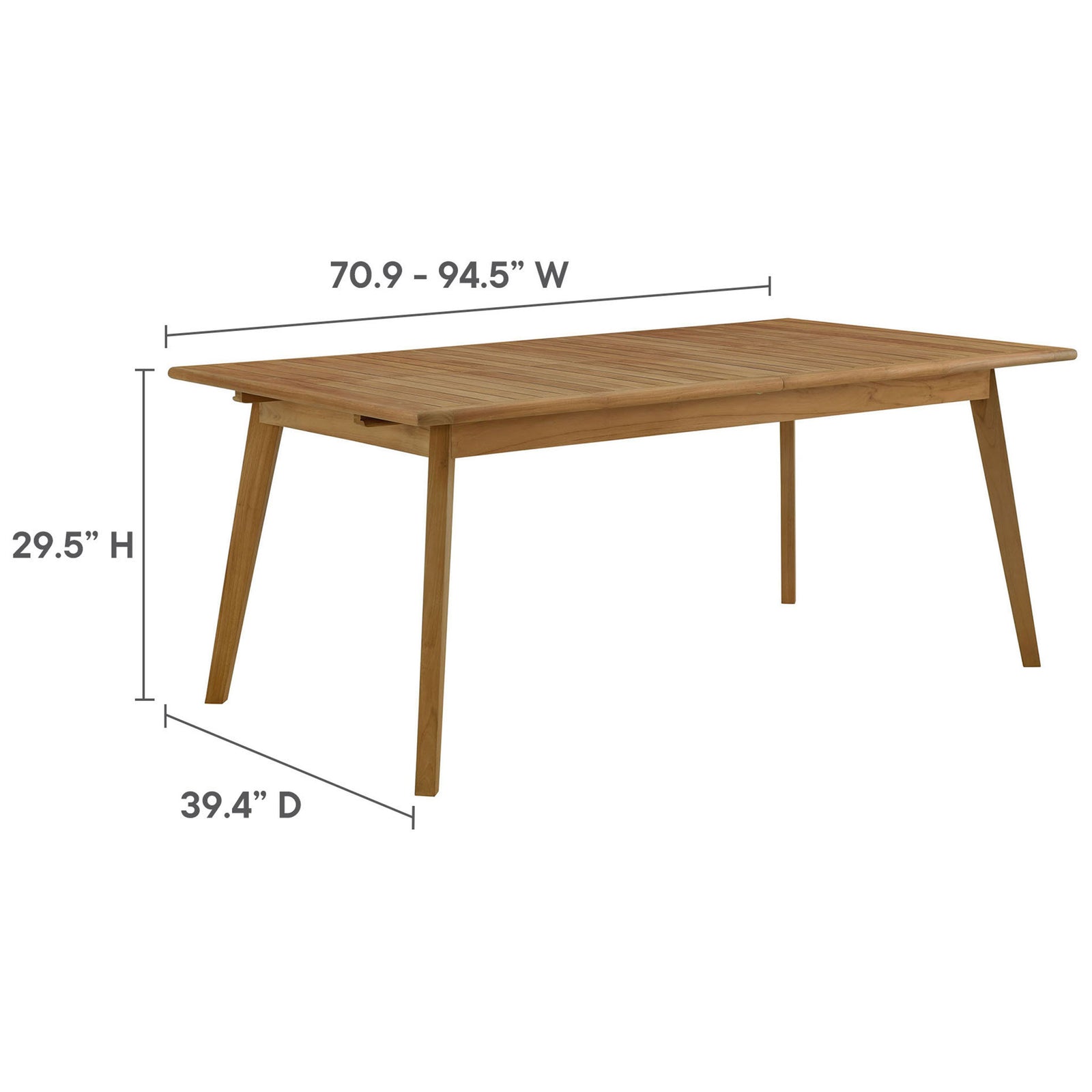 Extendable teak patio dining table with measurement callouts showing width, depth, and height dimensions. || EEI-6813-NAT || dimension_studio