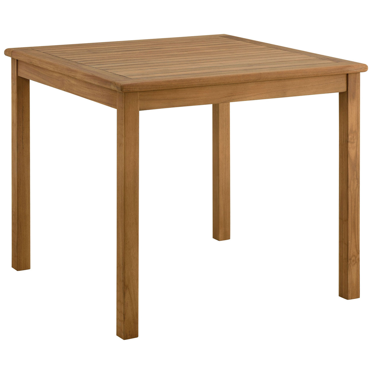 Vienna 34 inch natural teak patio dining table offering a timeless slatted top design for cozy outdoor meals. || EEI-6814-NAT || front_angle_studio