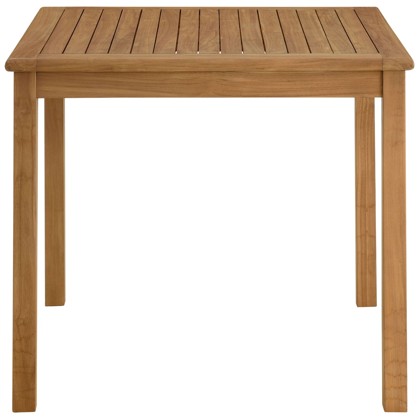 Compact 34 inch square natural teak outdoor dining table with clean lines, slatted top, and sturdy straight legs. || EEI-6814-NAT || side_studio