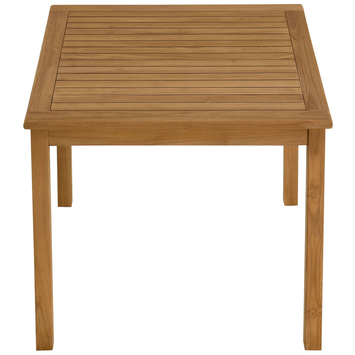Square slatted teak tabletop in a warm natural tone, creating a simple versatile surface for patio dining. || EEI-6814-NAT || top_angle_studio