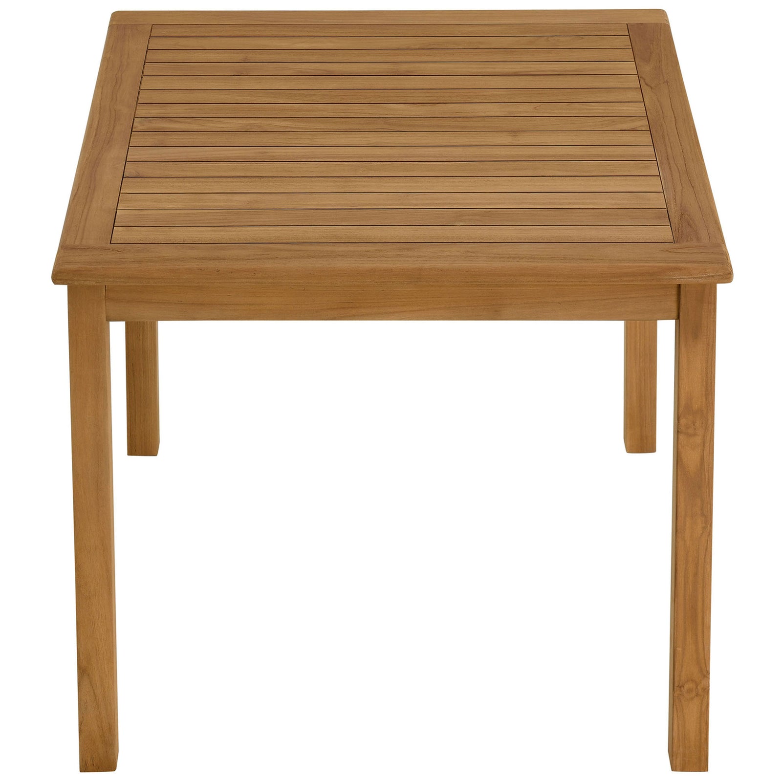 Square slatted teak tabletop in a warm natural tone, creating a simple versatile surface for patio dining. || EEI-6814-NAT || top_angle_studio