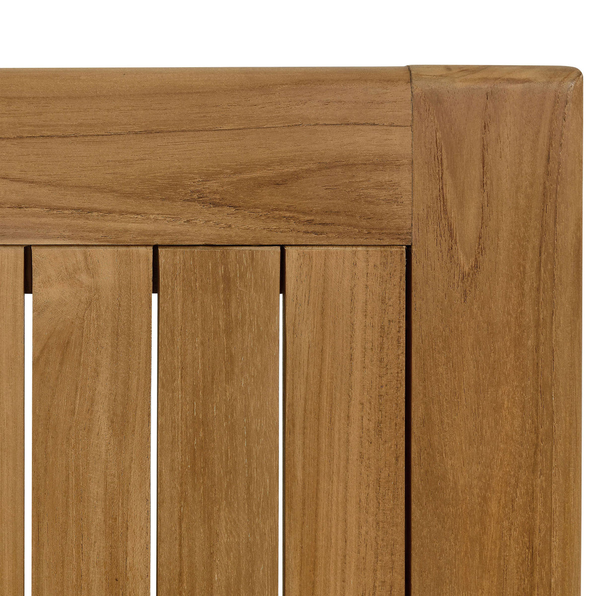 Smoothly finished teak frame corner showcasing precise joinery and refined grain on the Vienna table edge. || EEI-6814-NAT || detail_studio