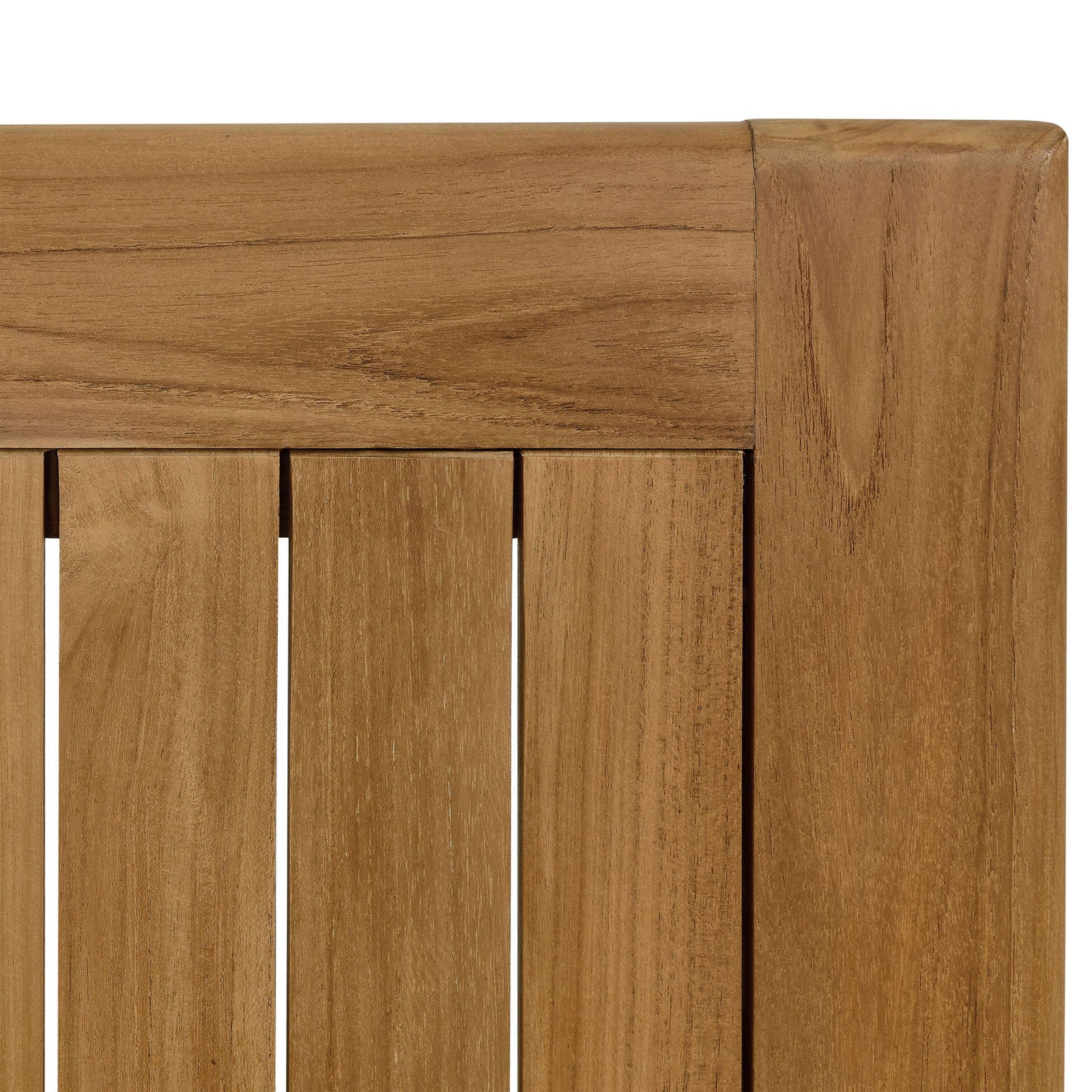 Smoothly finished teak frame corner showcasing precise joinery and refined grain on the Vienna table edge. || EEI-6814-NAT || detail_studio