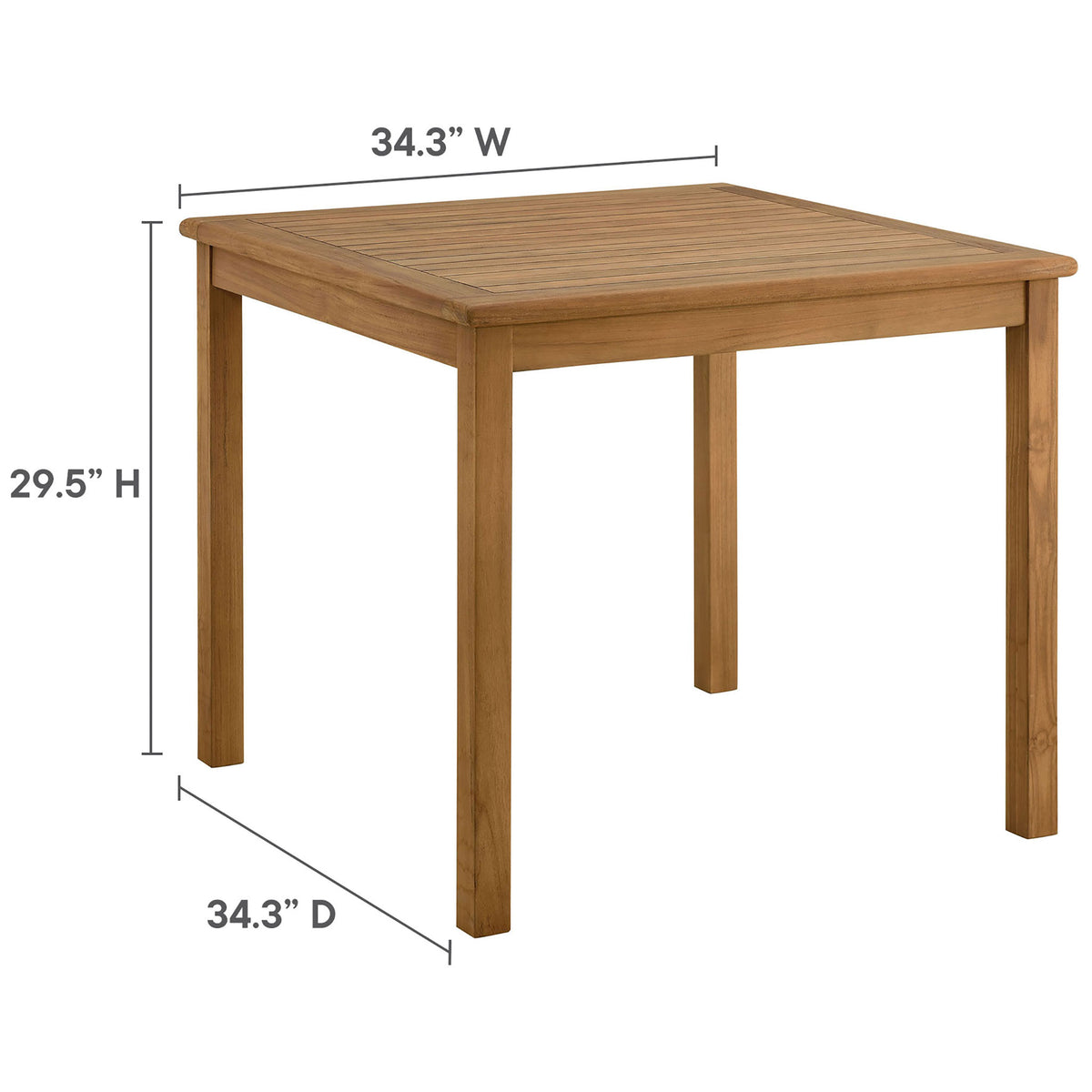 Vienna 34 inch square teak dining table with diagrammed width, depth, and height dimensions for outdoor spaces. || EEI-6814-NAT || dimension_studio