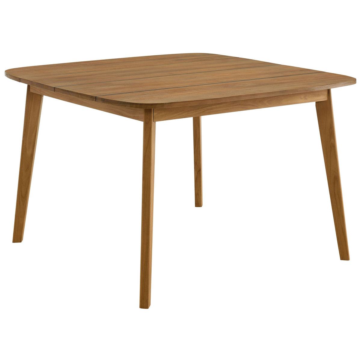 Vienna 46 inch natural teak patio dining table with modern slatted top and slim tapered legs. || EEI-6815-NAT || front_angle_studio