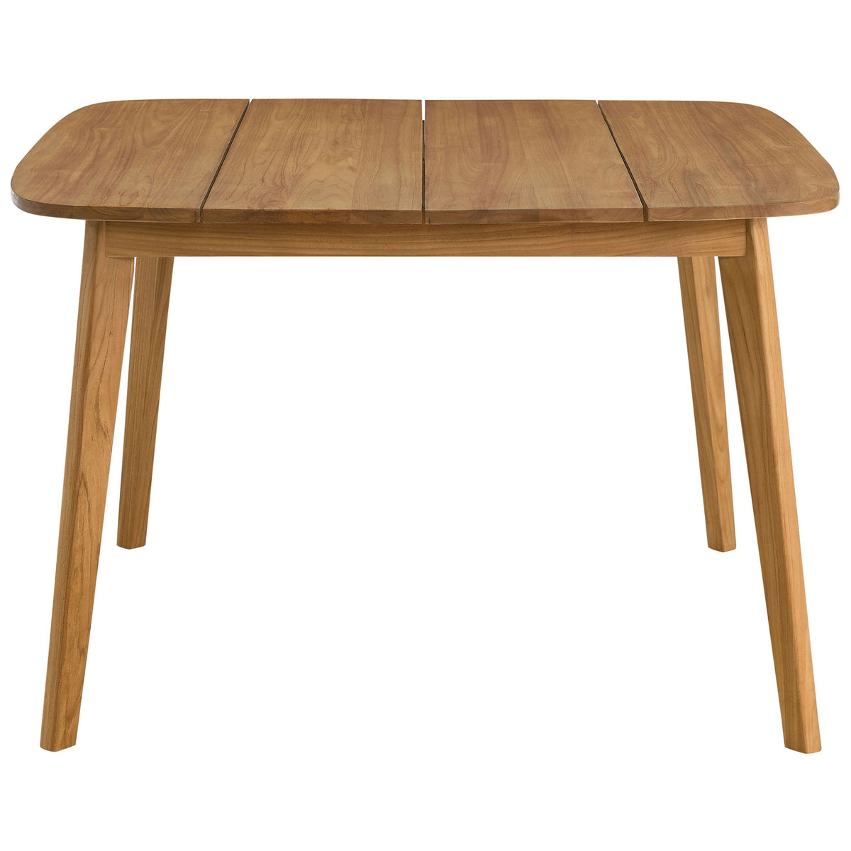 Square natural teak outdoor dining table with softly rounded corners and tapered legs for seating four. || EEI-6815-NAT || side_studio