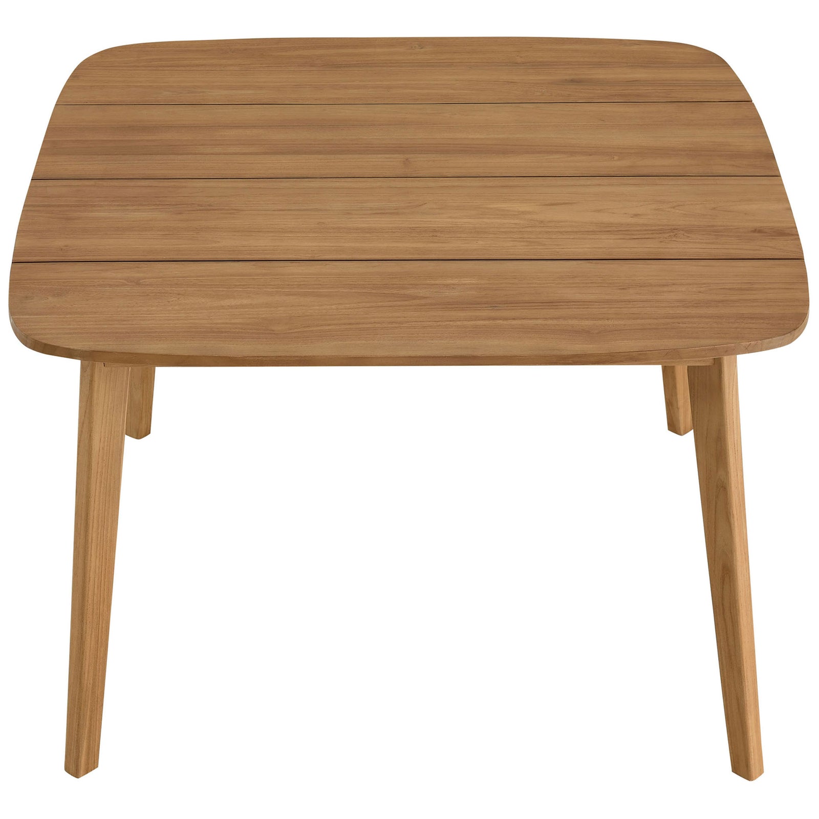 Spacious square teak tabletop with wide slatted boards and gently rounded corners in a warm natural finish. || EEI-6815-NAT || top_studio