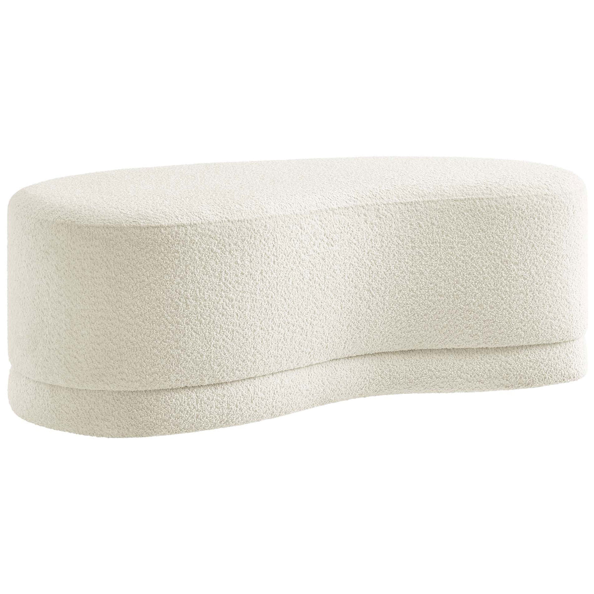 Organic cream chenille ottoman bench showcases its flowing kidney shape and cozy, textured upholstery. || EEI-6816-CRE || front_angle_studio