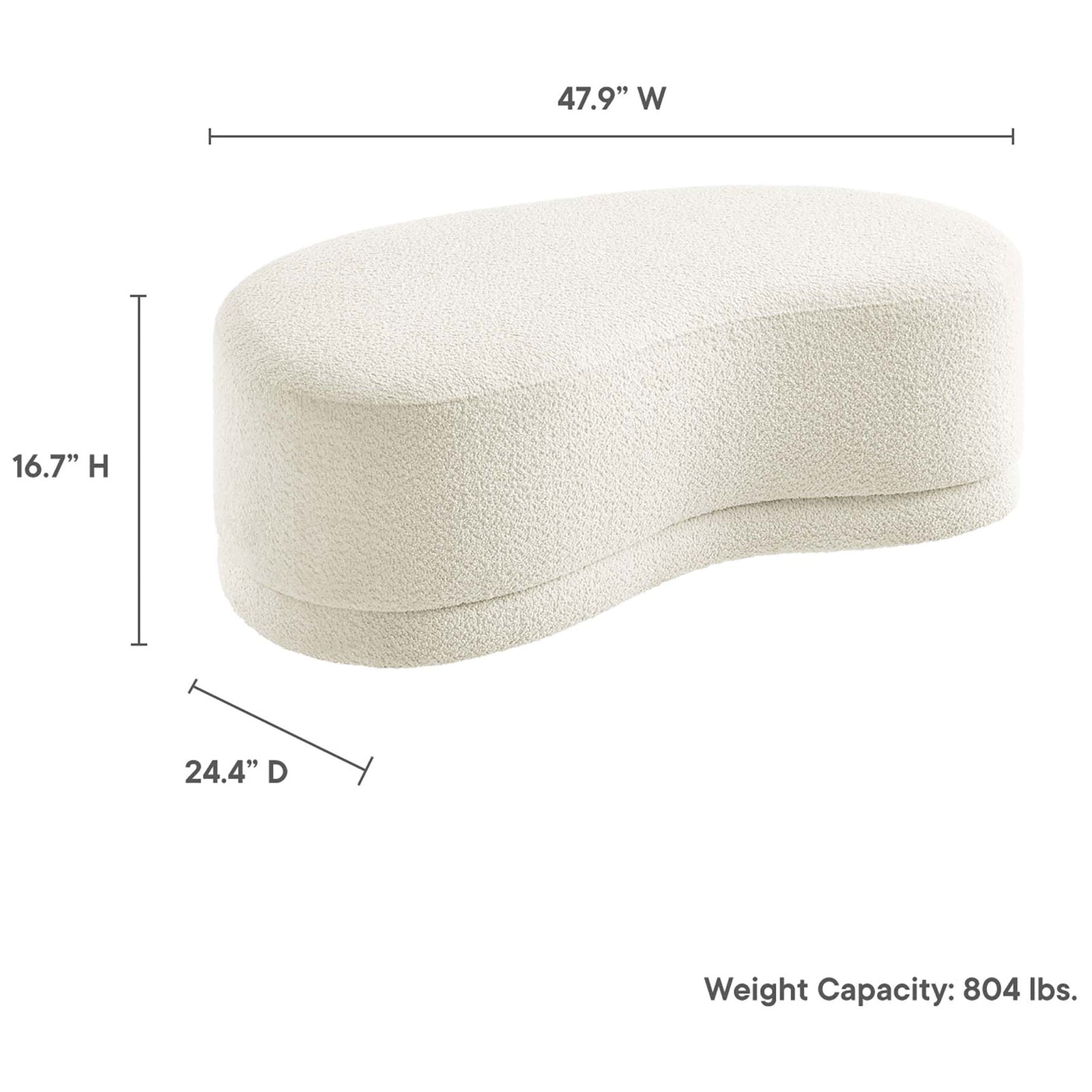 Dimension diagram of the Nimbus ottoman bench showing 47.9 in width, 24.4 in depth, and 16.7 in height. || EEI-6816-CRE || dimension_studio