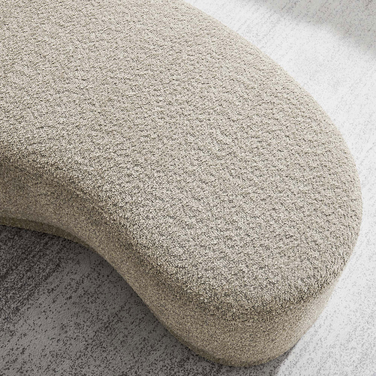 Soft oat chenille Nimbus ottoman bench adding inviting texture to a light, neutral area rug || EEI-6816-OAT || detail_room