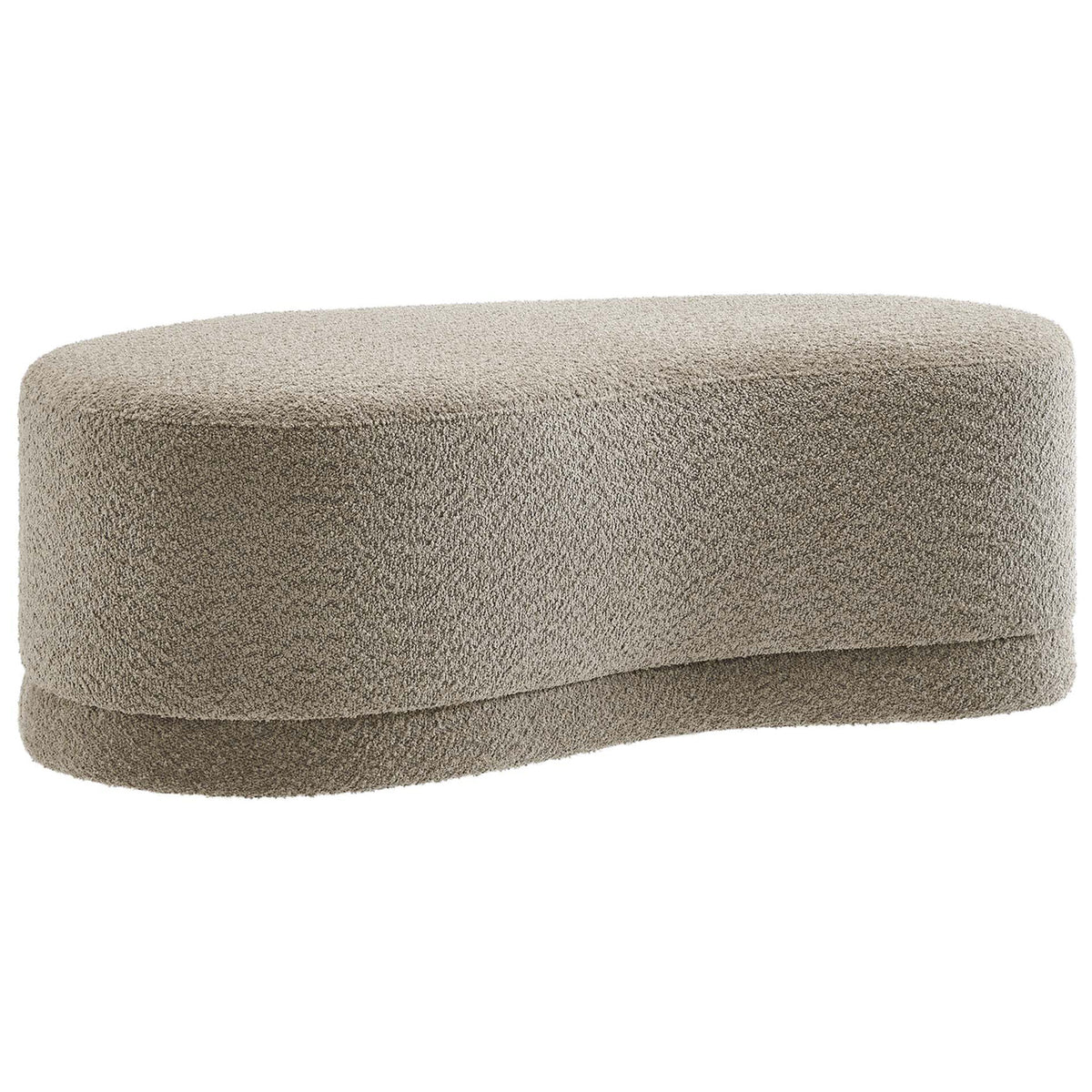 Curved Nimbus ottoman bench in oat chenille showcasing its sculpted profile and low, inviting seat || EEI-6816-OAT || front_angle_studio