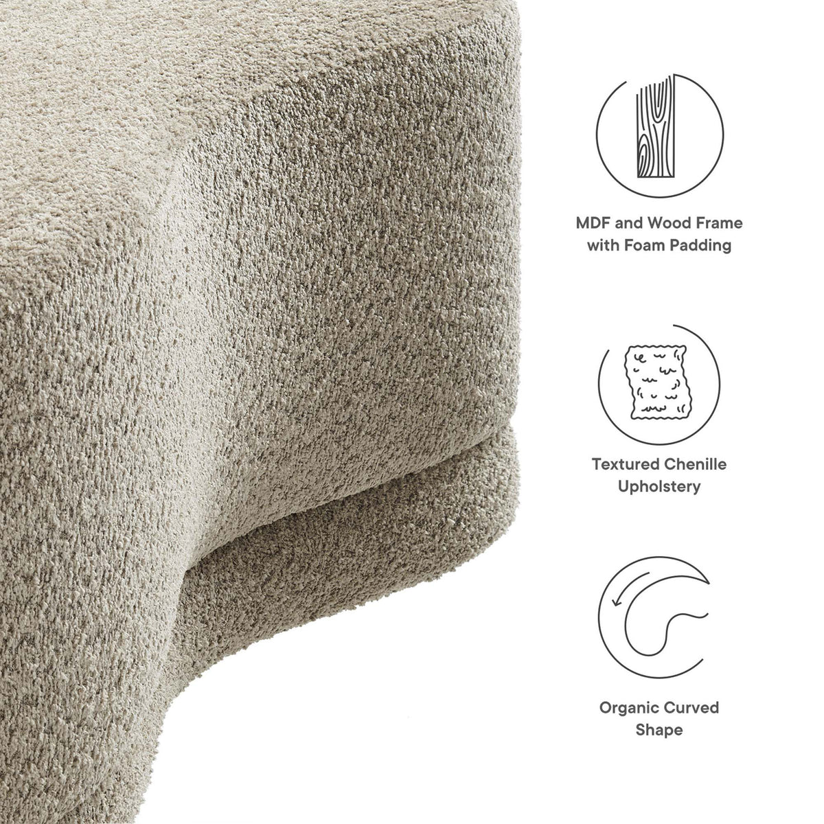 Modway Nimbus oat chenille ottoman bench featuring wood frame construction, foam padding, and organic curves || EEI-6816-OAT || callout_studio