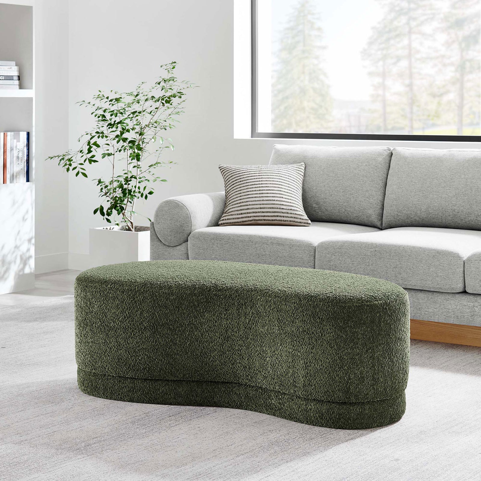 Nimbus sage chenille ottoman bench paired with a modern sofa in a bright living room setting. || EEI-6816-SGE || front_angle_room