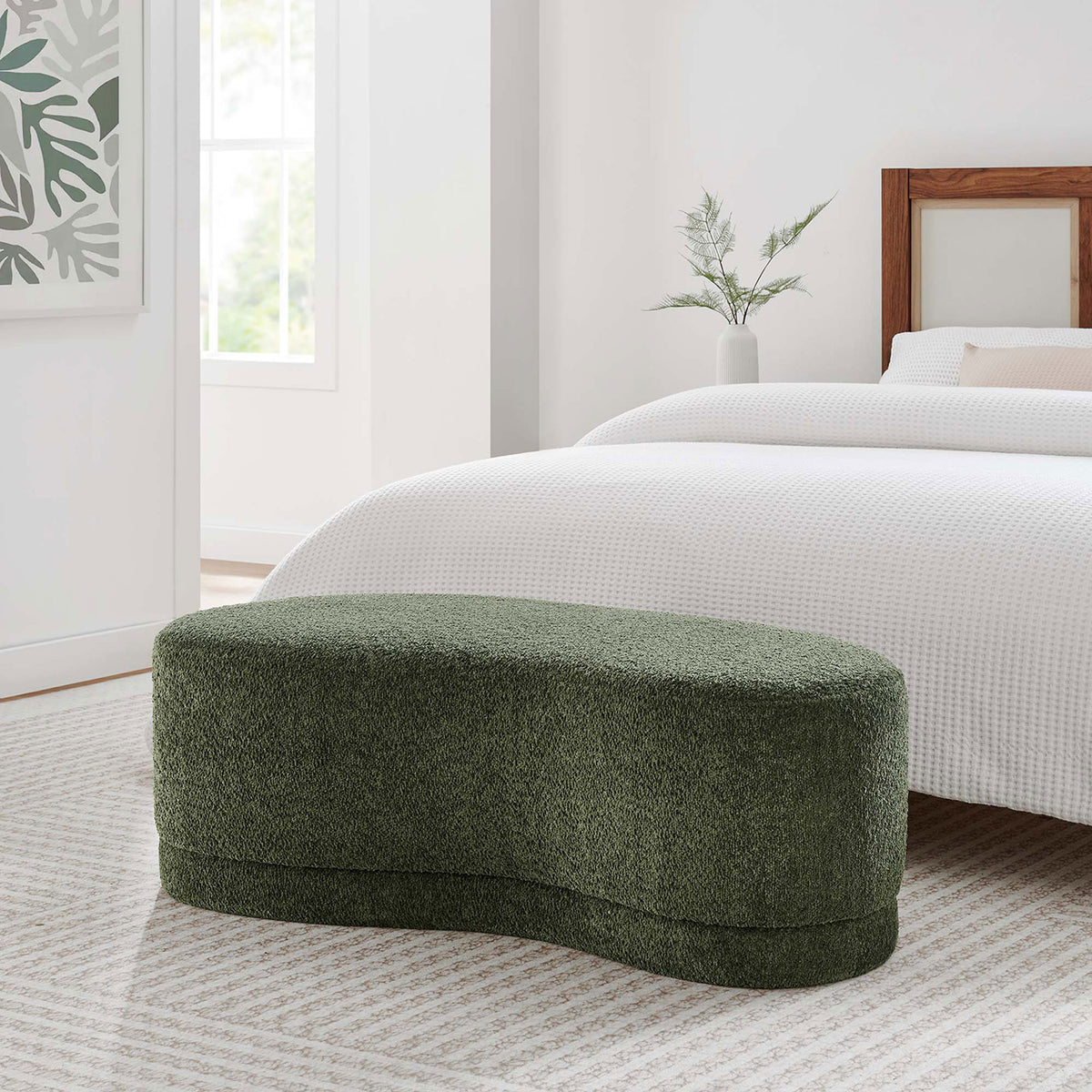 Nimbus sage chenille ottoman bench styled at the foot of a bed in a calm, contemporary bedroom. || EEI-6816-SGE || front_angle_room