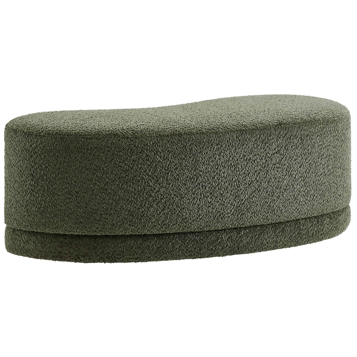 Curved ottoman bench in sage chenille highlighting the gentle reverse arc and tailored base platform. || EEI-6816-SGE || back_studio