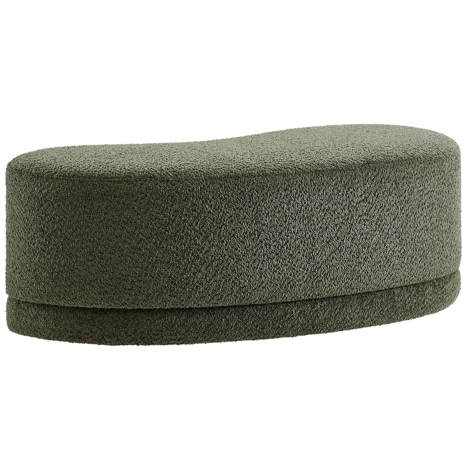 Curved ottoman bench in sage chenille highlighting the gentle reverse arc and tailored base platform. || EEI-6816-SGE || back_studio