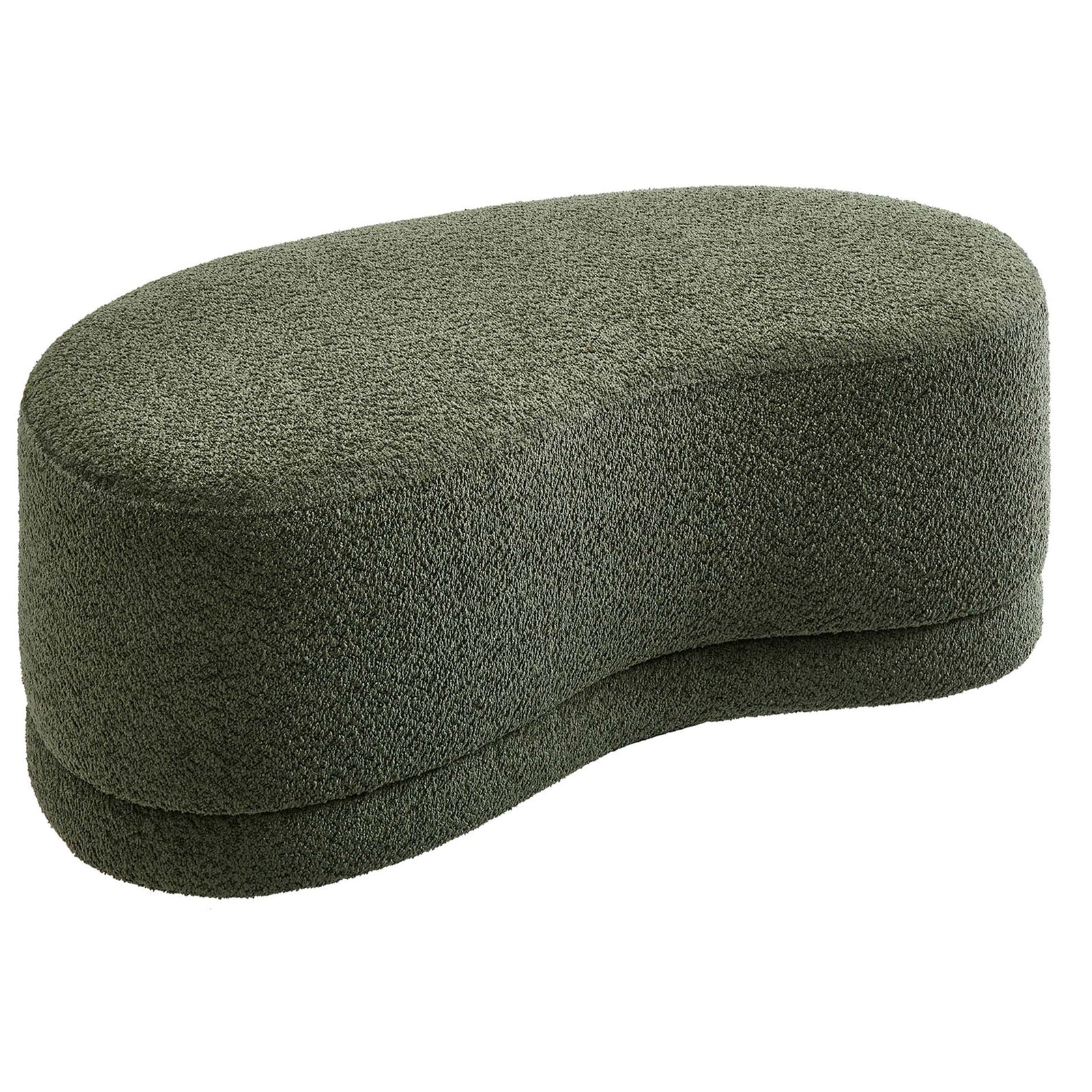 Organic kidney-shaped ottoman bench in sage chenille with softly tapered sides and low, rounded base. || EEI-6816-SGE || front_angle_studio