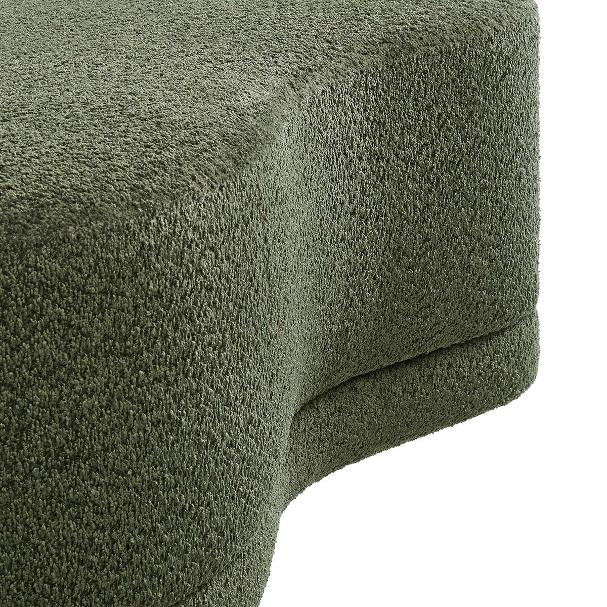 Textured sage chenille upholstery and curved edge detailing on the Nimbus ottoman bench. || EEI-6816-SGE || detail_studio